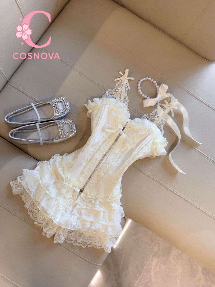 Corset Top Boned - Süßes Spitzen-Bustier-Top mit hochtailliertem Mini-Kuchenrock-Set, sexy
