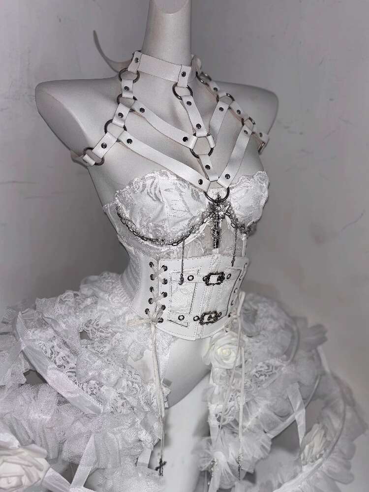 Corset Top Boned - Lolita-Kostüm, Blumenknochen, schweres Handwerk, handgefertigt, reinweiß,