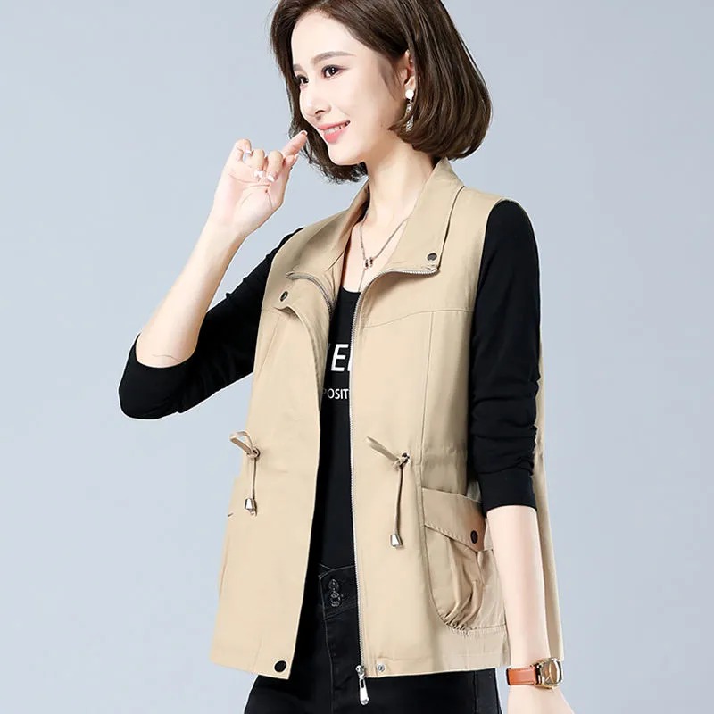 Women'S Fashion Utility Vest - Leichte Damenweste mit Stehkragen, Kordelzug an