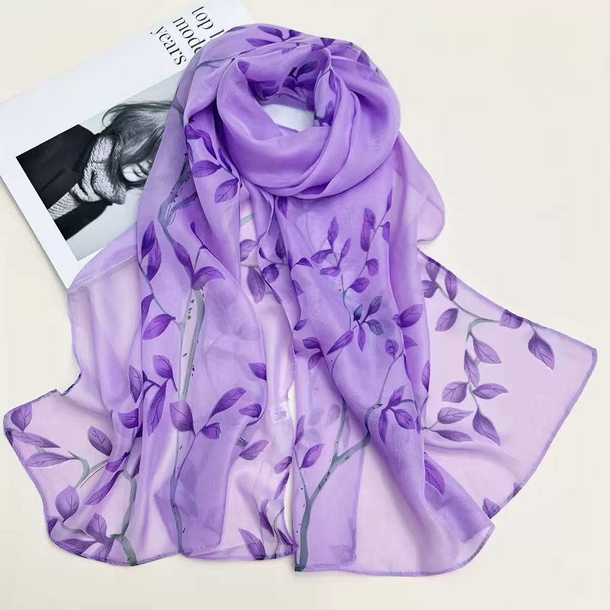 Printed Wrap Skirt - Blattmuster Seidenähnlicher Chiffon-Schal Leichter Transparenter Sarong,