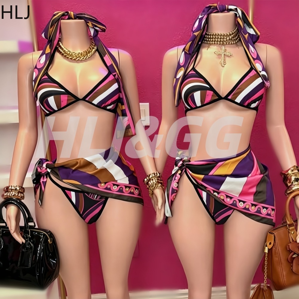 Printed Wrap Skirt - HLJ Damen 4-teiliges bedrucktes Bikini-Set mit
