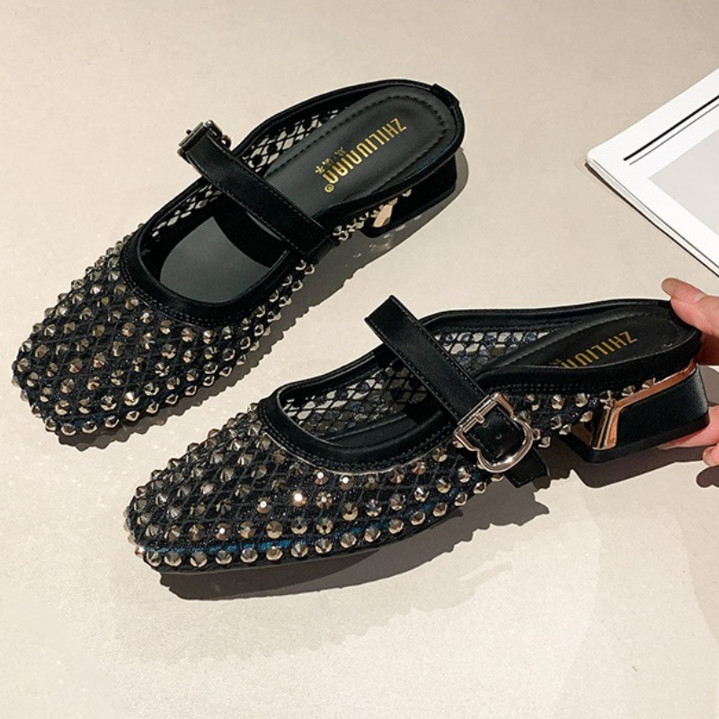 Women'S Fashion Sandals - Mesh Strass Chunky Ferse Maultiere Hausschuhe